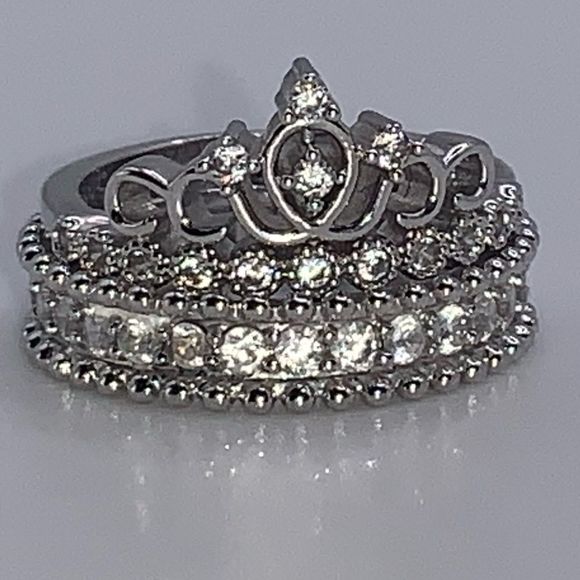 RHINE STONE STACKING RINGS | SET OF 2 | 1 CROWN RING 1 RHINESTONE BAND | SIZE 6 - Picture 2 of 5
